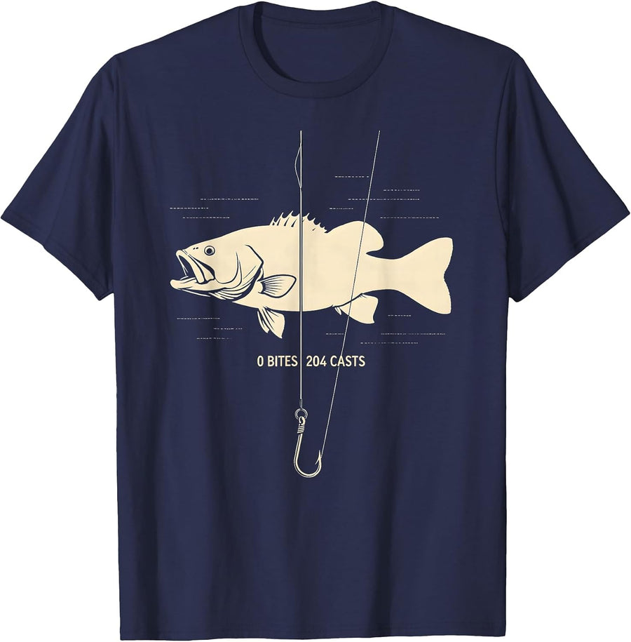 0 Bites 204 Casts Funny Bass Fishing Humor Fisherman Gift T-Shirt - Navy Blue