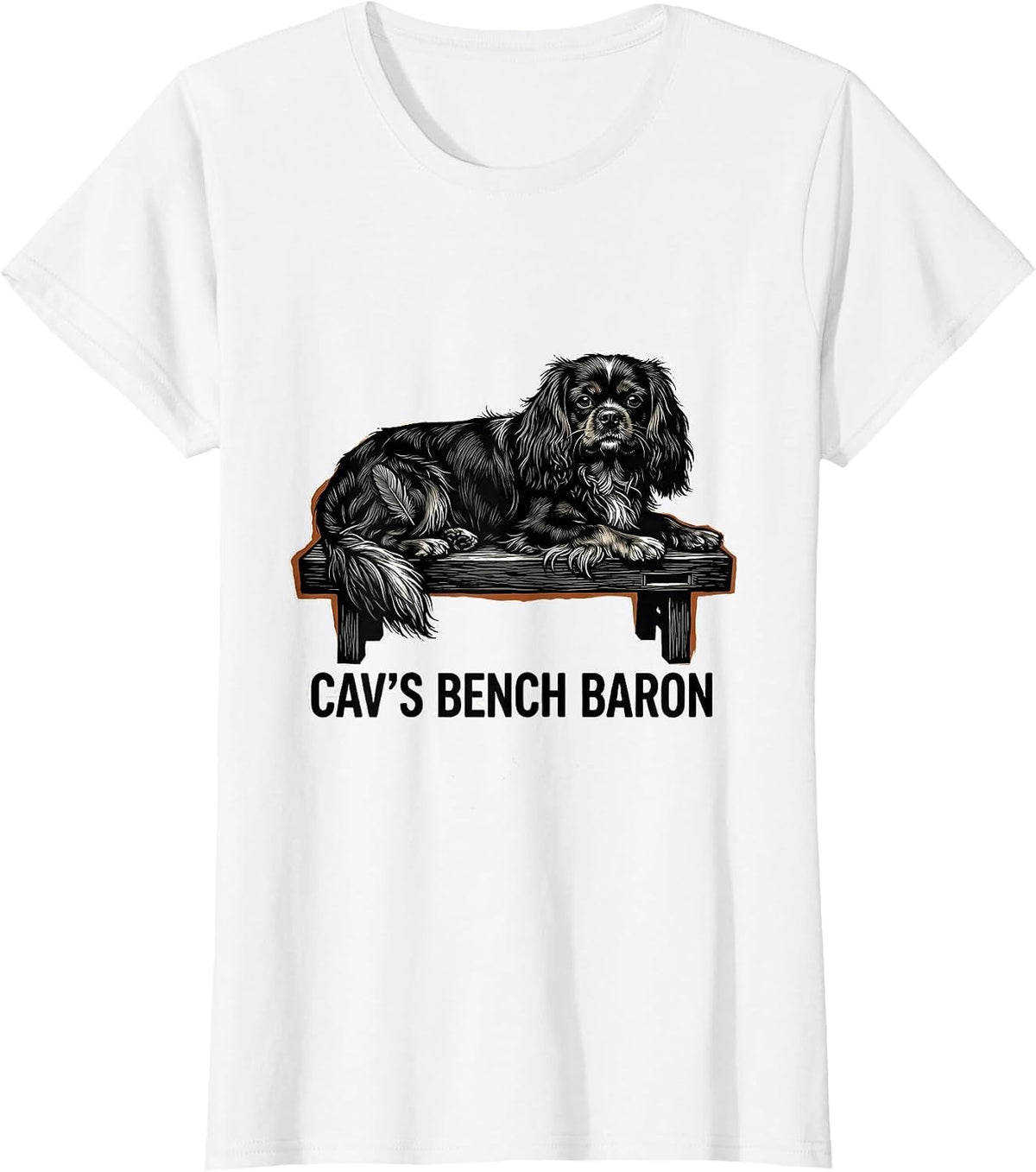 Cav's Bench Baron Linocut Cavalier King Charles Spaniel T-Shirt - White