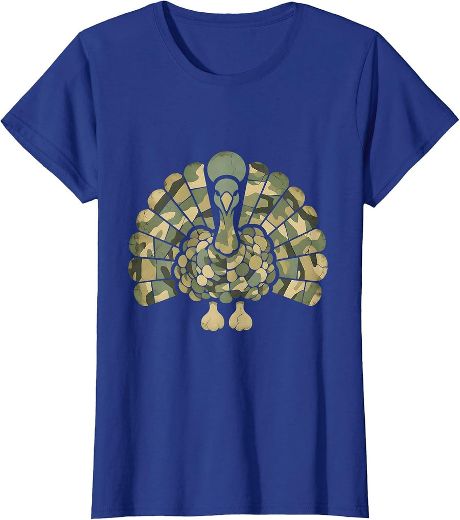 Camo Turkey Feather Fan Hunting Design T-Shirt, Women, Royal Blue, X-Small - As Pictured