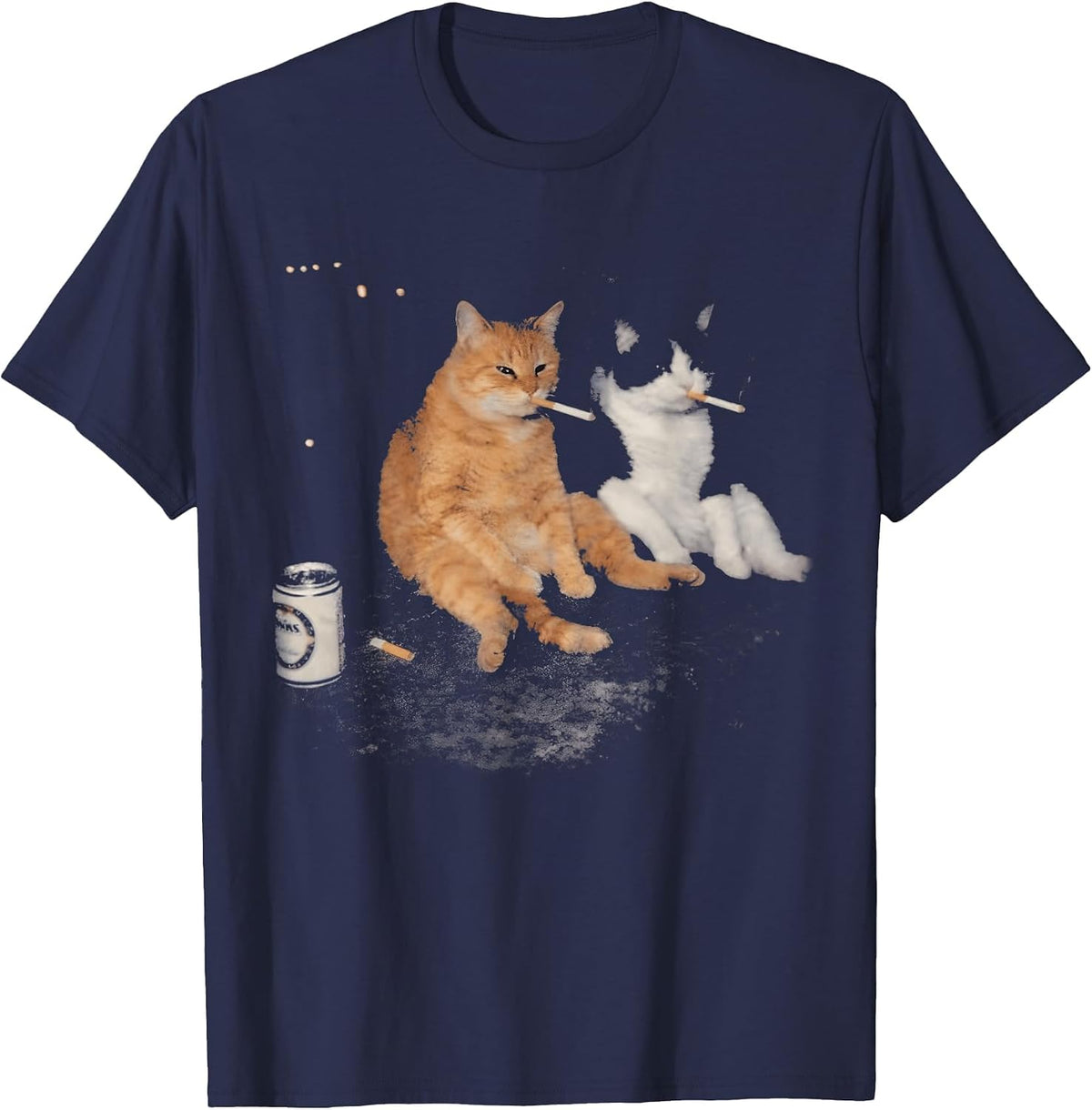 Funny 2 Smoking Cats Drinking Beer Smoking Kitten Cat Meme T-Shirt - Navy Blue