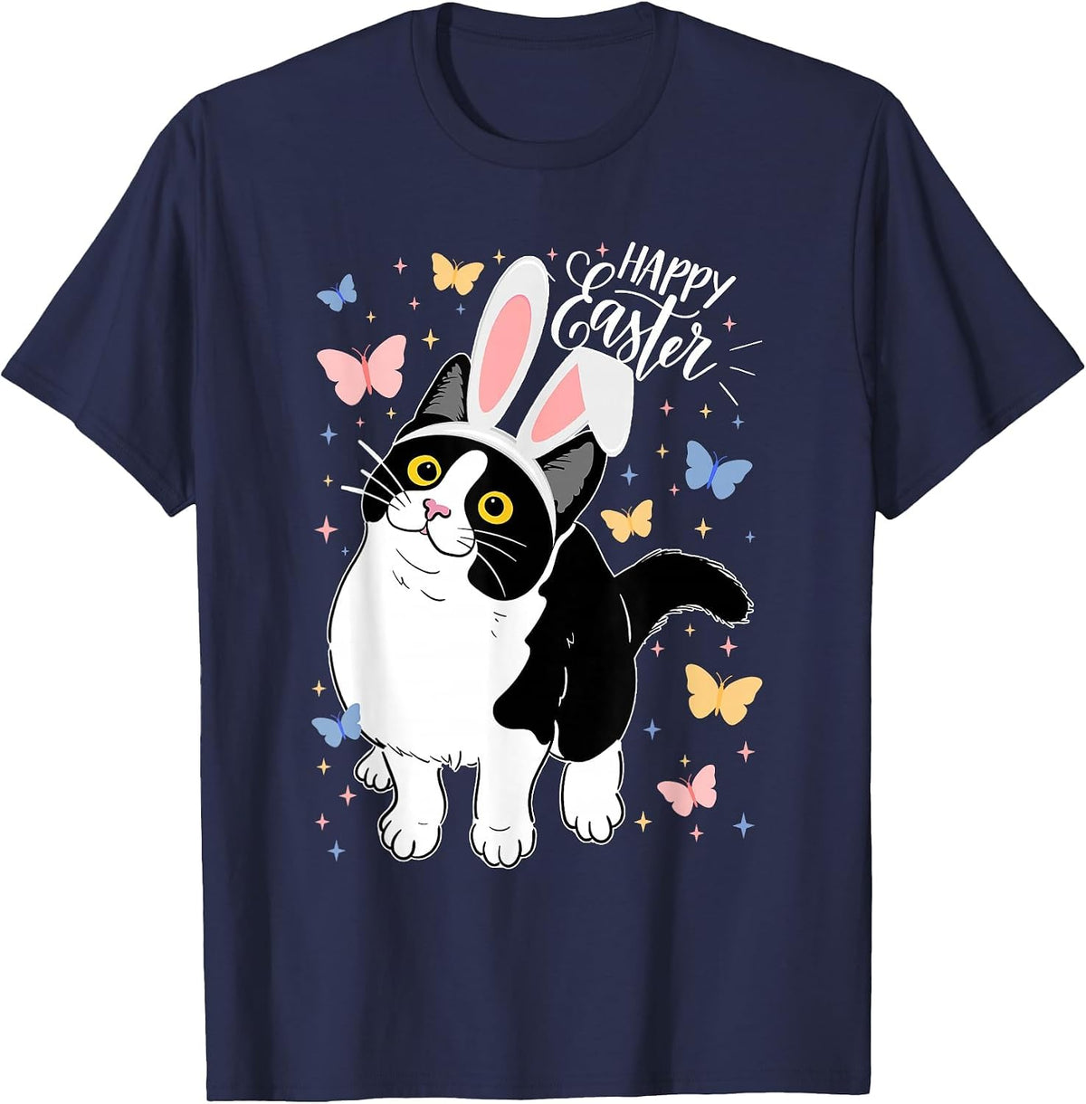 Funny Black Cat Easter Egg Happy Easter Bunny Tuxedo Cat T-Shirt - Navy Blue