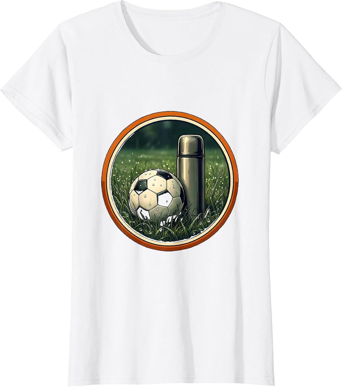 Women's Soccer Dad Thermos and Ball on Dewy Grass T-Shirt - White