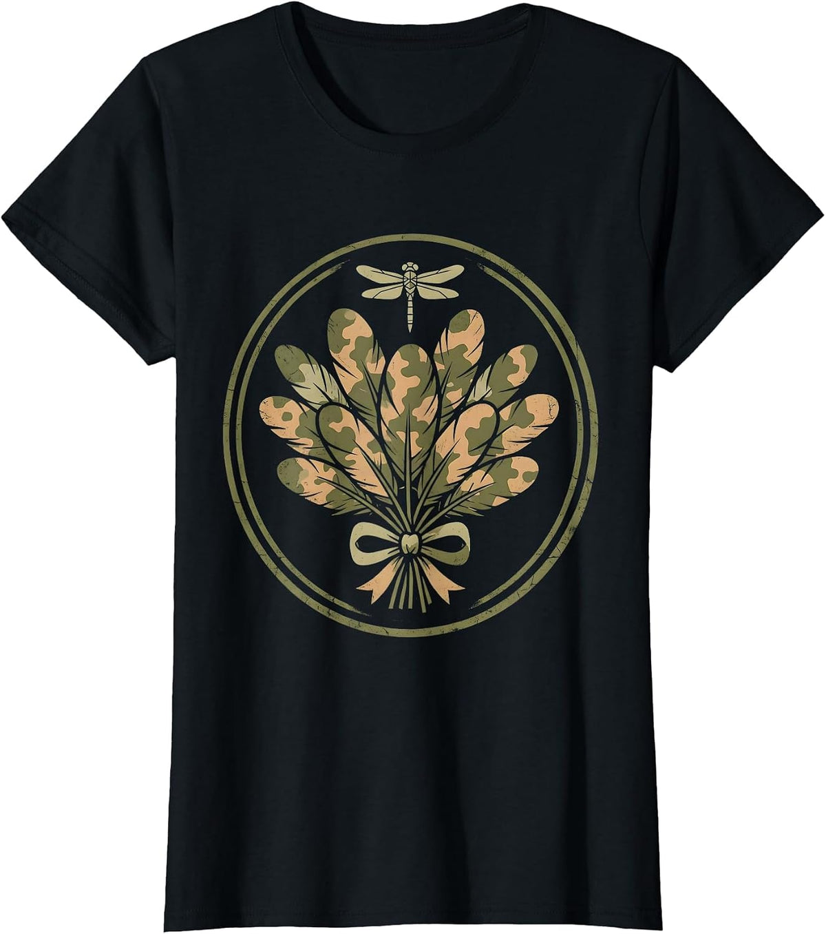 Women's Wild Turkey Feathers Forest Camouflage Design T-Shirt - Black