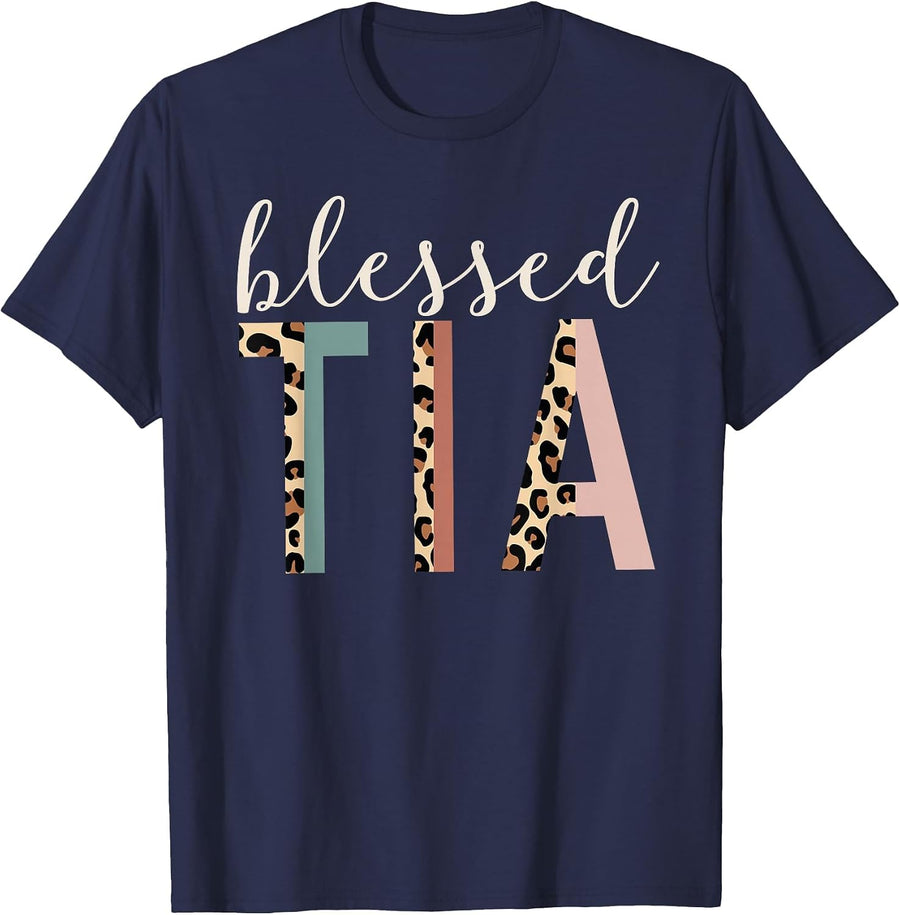 Blessed Tia Aunt Cute Leopard Print T-Shirt - Navy Blue