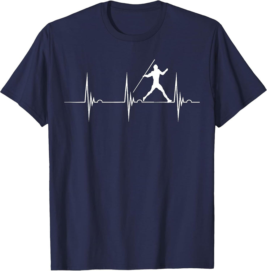 Javelin Heartbeat Thrower Pulse Line Track and Field T-Shirt - Navy Blue