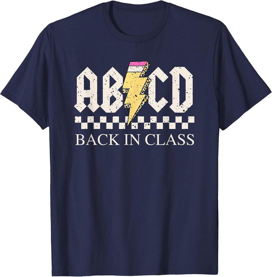 Boys Girls Teachers Rock Back to School ABCD Back in Class T-Shirt - Navy Blue
