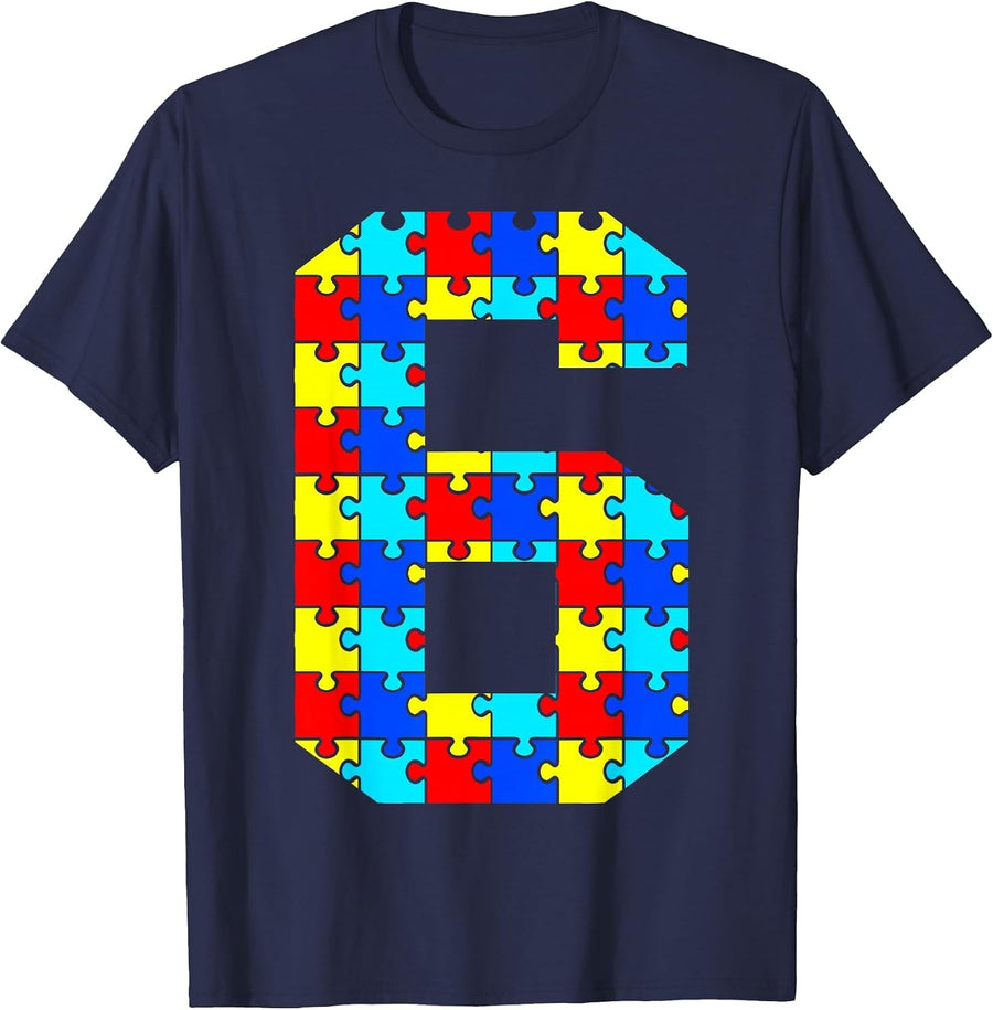 Kids 6th Birthday Puzzle Piece Autism Awareness 6 Year Old T-Shirt - Navy Blue