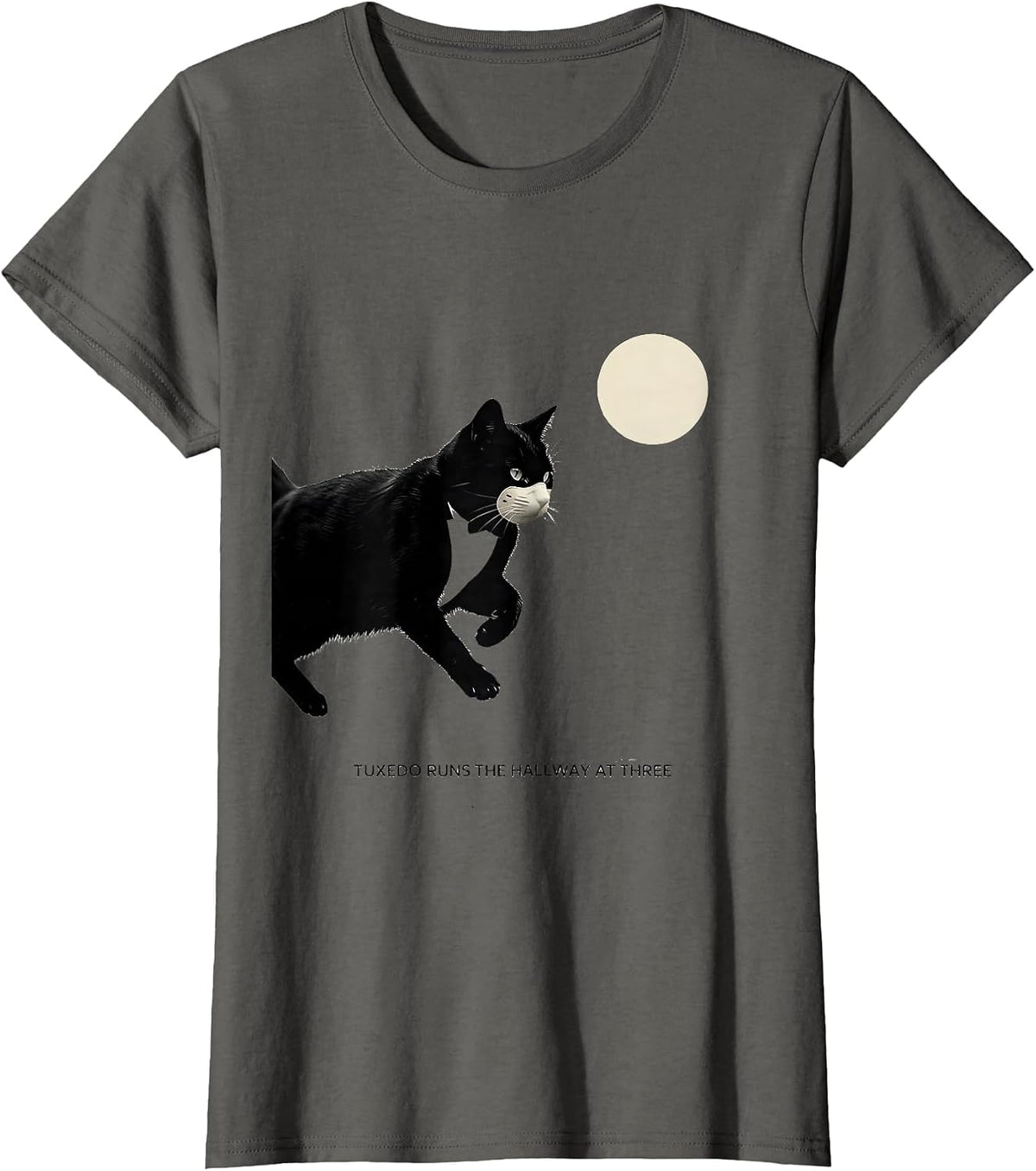 Women's Tuxedo Runs the Hallway at Three Minimalist 90s Retro Cat T-Shirt - Asphalt Grey