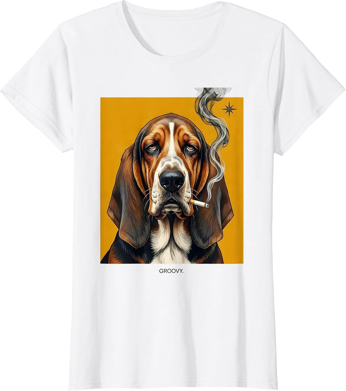 Groovy Midcentury Modern Basset Hound Stoner Cannabis Humor T-Shirt - White