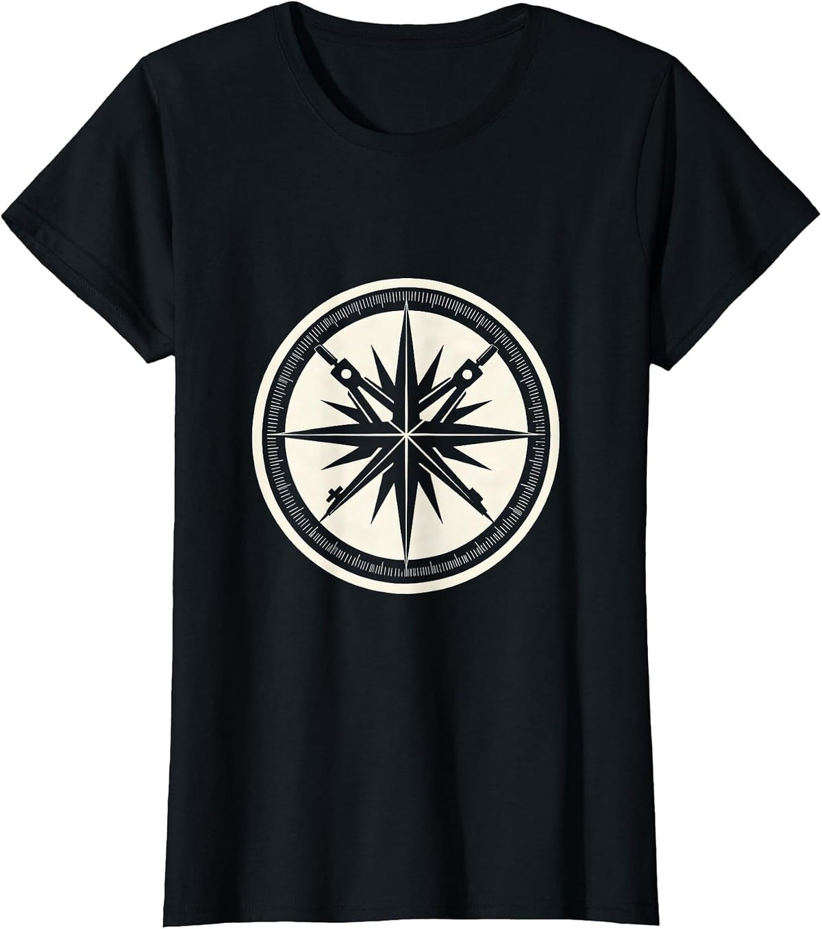 Women's Compass Protractor Geometric Starburst Design T-Shirt - Black