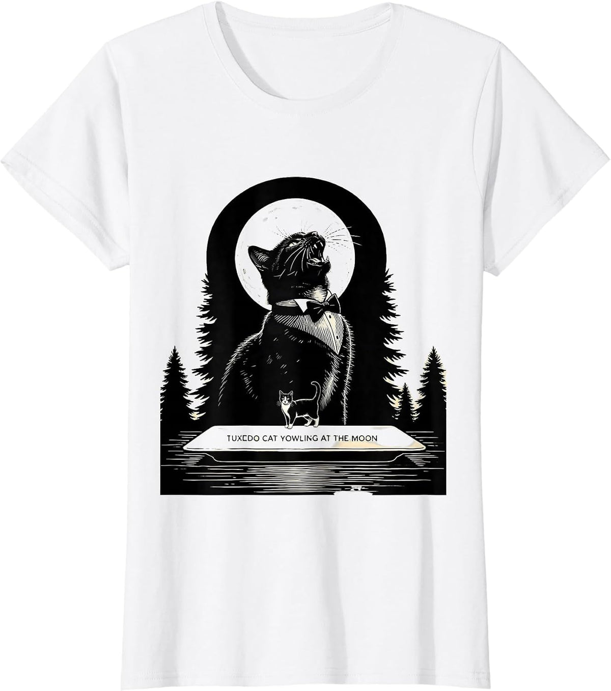 Women's Tuxedo Cat Yowling at the Moon 90's Retro Nature Art T-Shirt - White