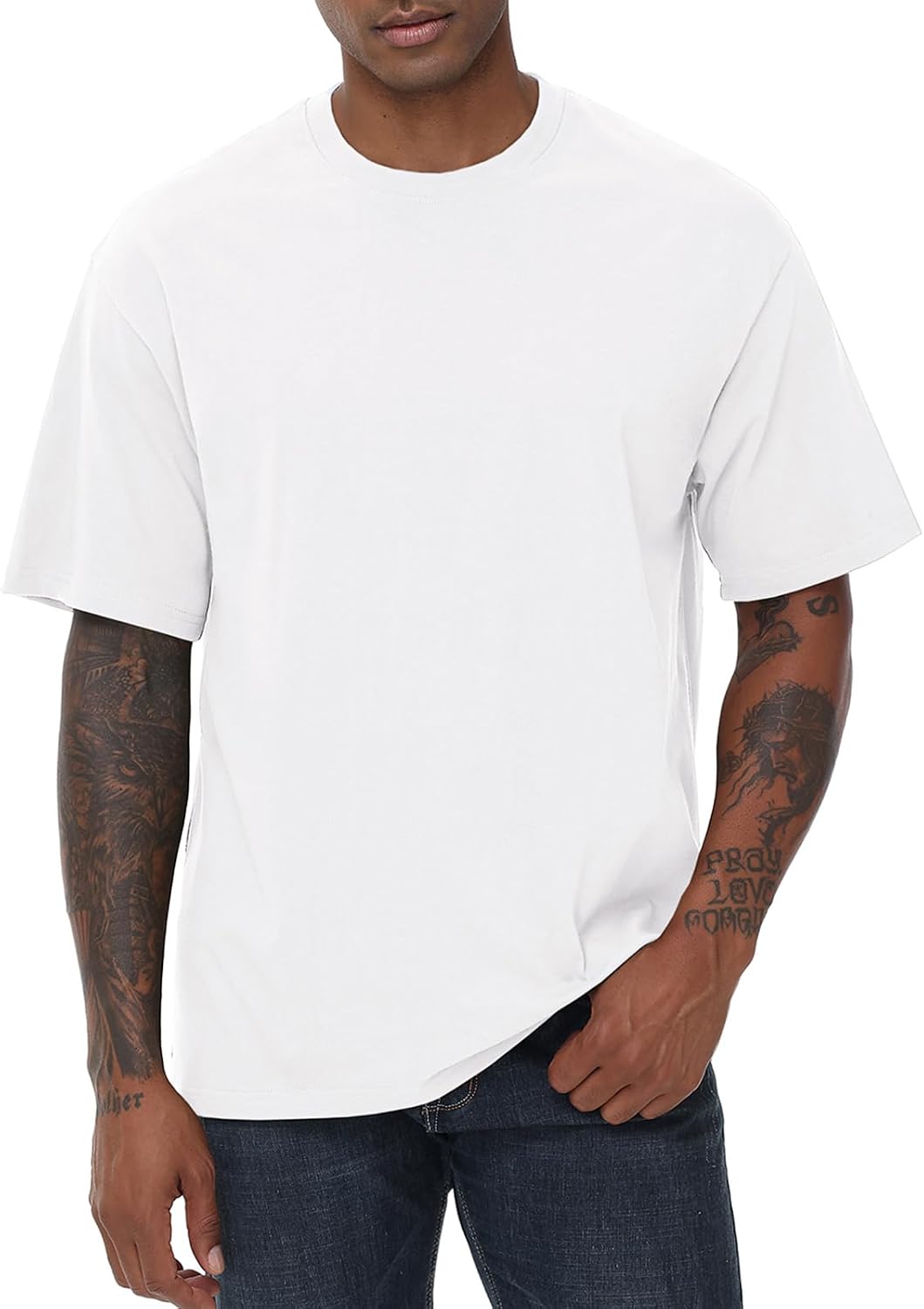 KEEPSHOWING Mens Oversized Short Sleeve T-Shirts Cotton Loose Fit Tees - White
