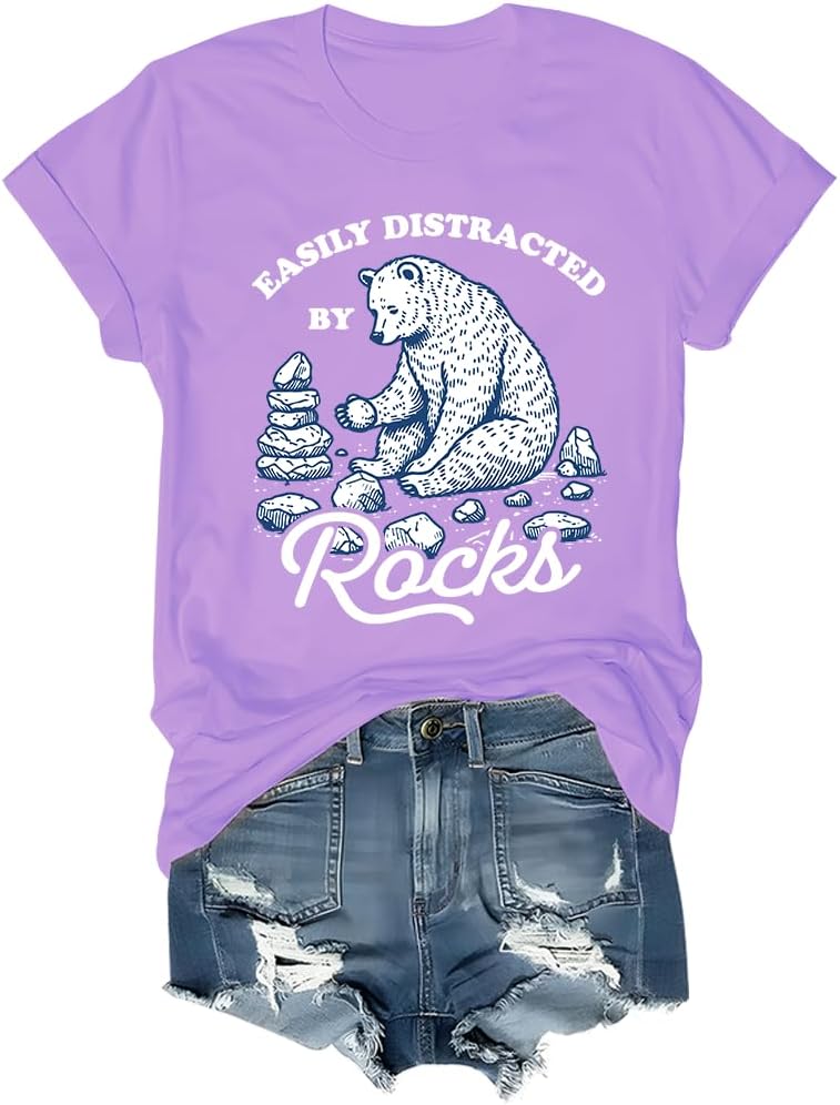 Easily Distracted By Rocks Shirt Funny Bear Rock Collecting T-Shirt - As Pictured