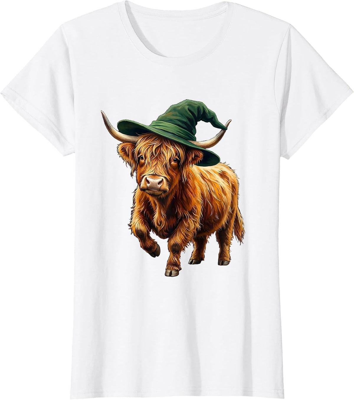 Soft Highland Cow Witch Halloween Storybook Humor T-Shirt - White