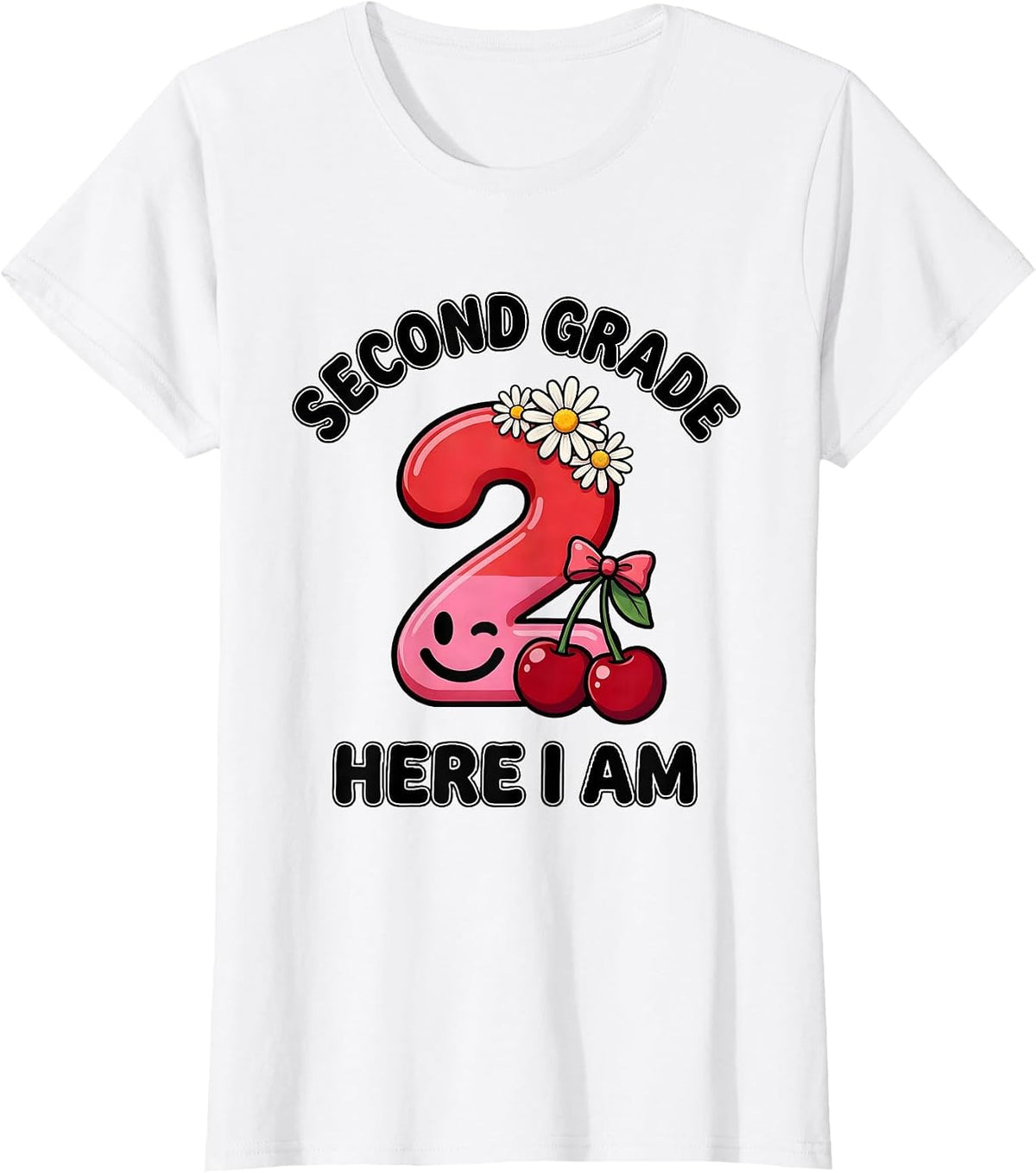 Second Grade Here I Am Retro Daisy Cherry First Day School T-Shirt - White