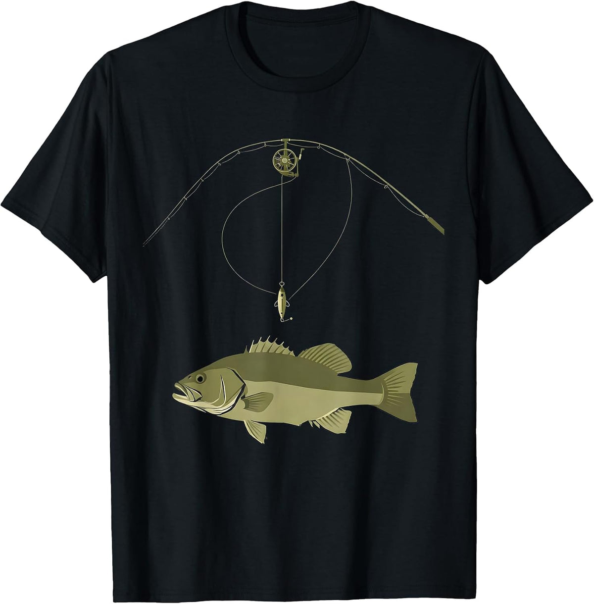 Men's Geometric Largemouth Bass Minimalist Fishing Humor T-Shirt - Black