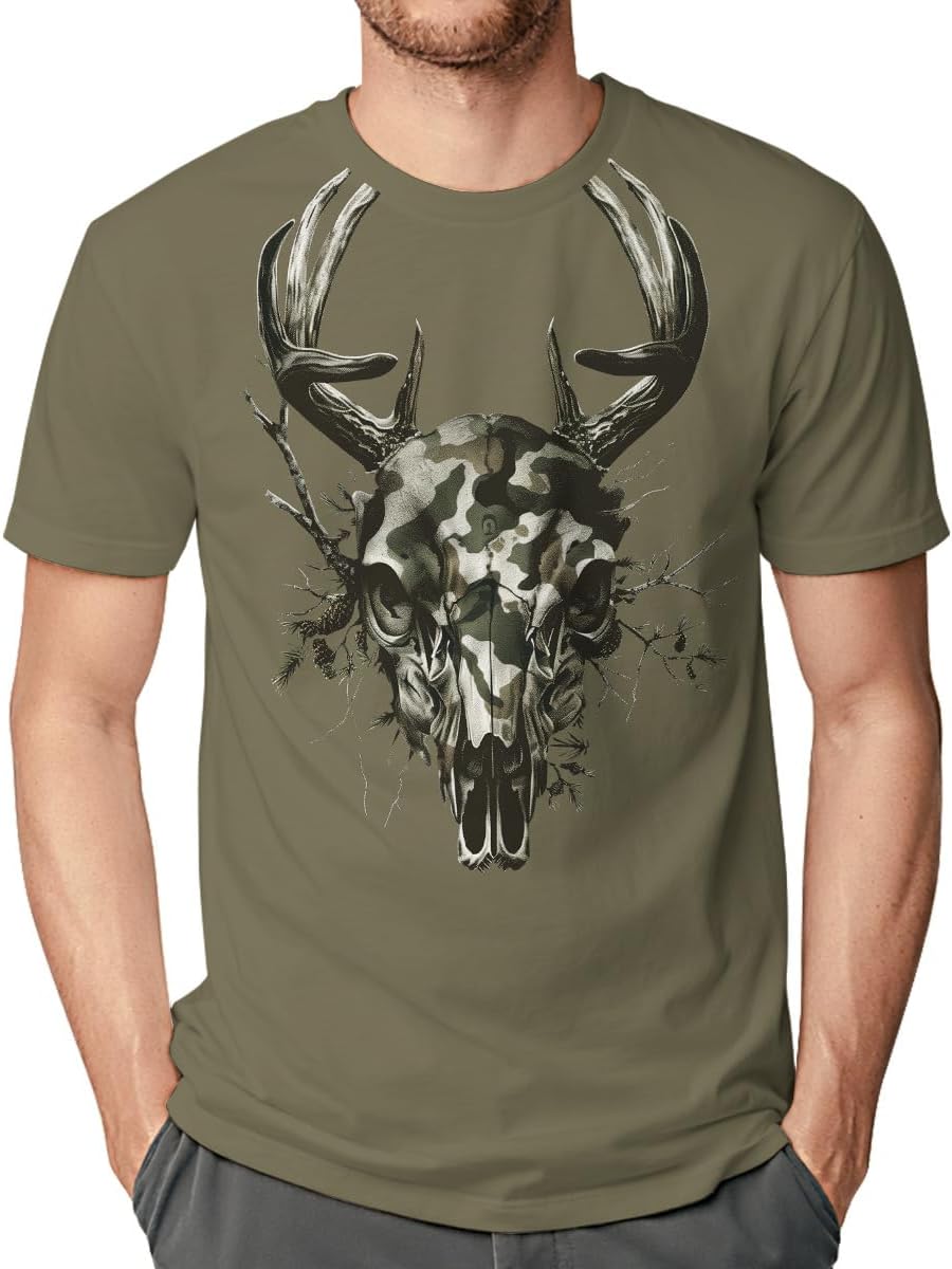 Mens Camo Deer T-Shirt Camouflage Deer Skull Graphic Tee Outdoor Hunting Streetwear Shirt - Deer Shirt Green1