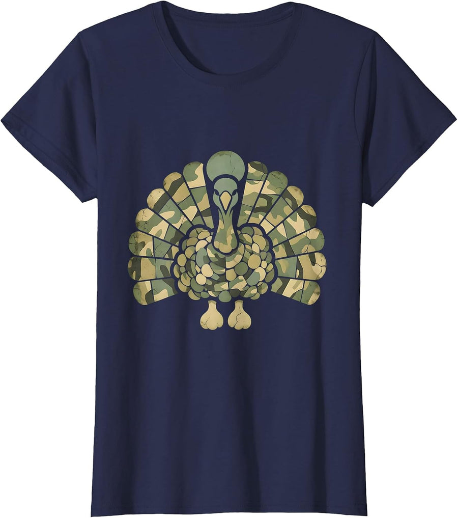 Camo Turkey Feather Fan Hunting Design T-Shirt, Women, Navy Blue, Large - As Pictured