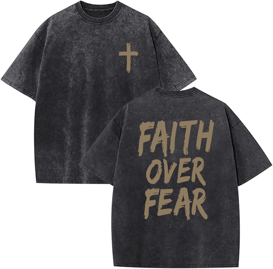 Faith Over Fear Shirt for Men Oversized Christian Tshirts Vintage Jesus Graphic Tee Acid Wash Inspiration Tops - Gray2