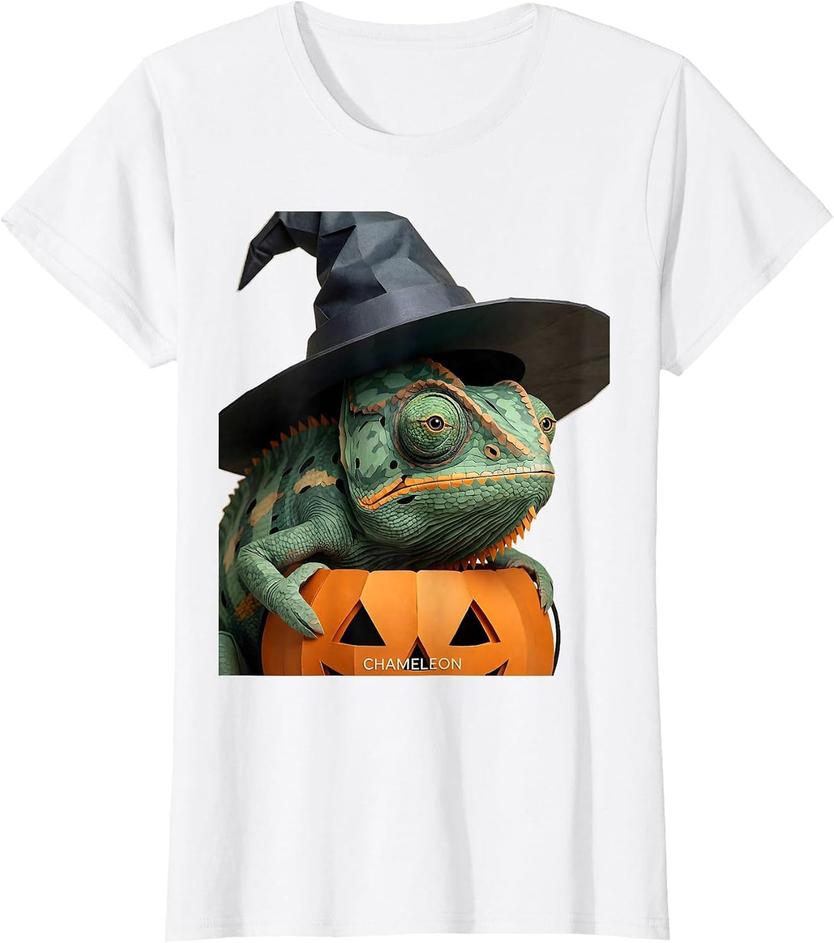Women's Chameleon Paper Cutout Whimsical Halloween Witch Hat Animal T-Shirt - White