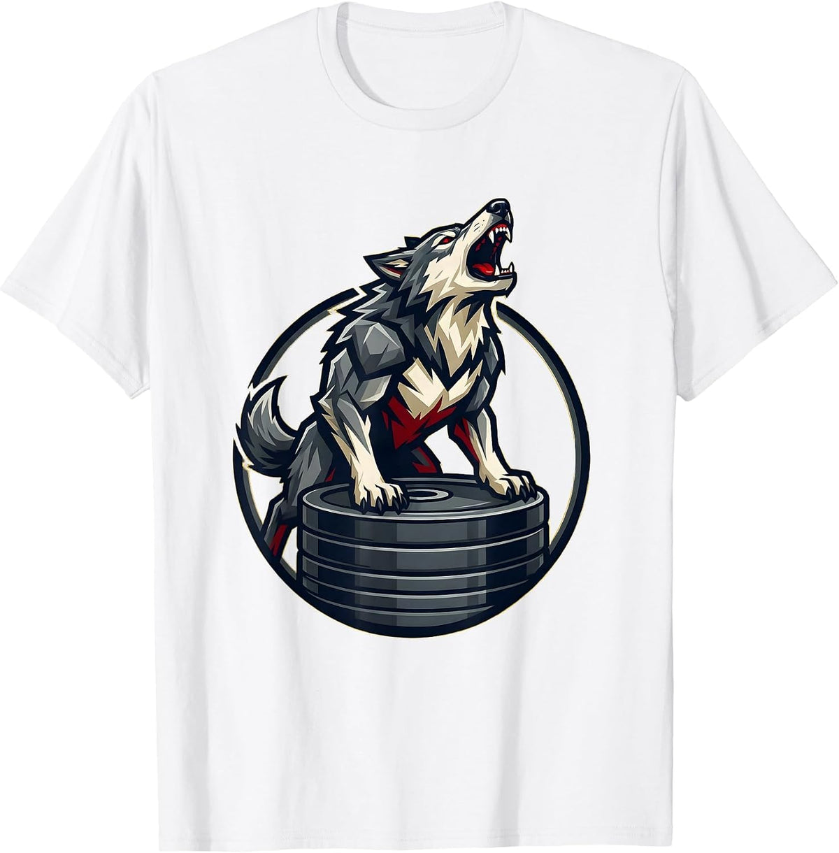 Men's Wolf Howling on Weight Plates Gym Graphic T-Shirt - White