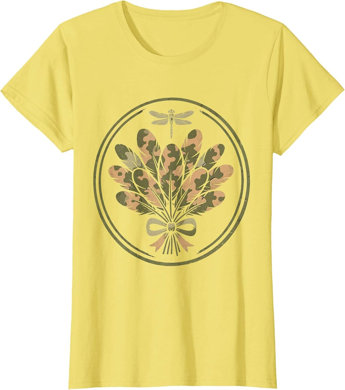 Women's Wild Turkey Feathers Forest Camouflage Design T-Shirt - Lemon Yellow