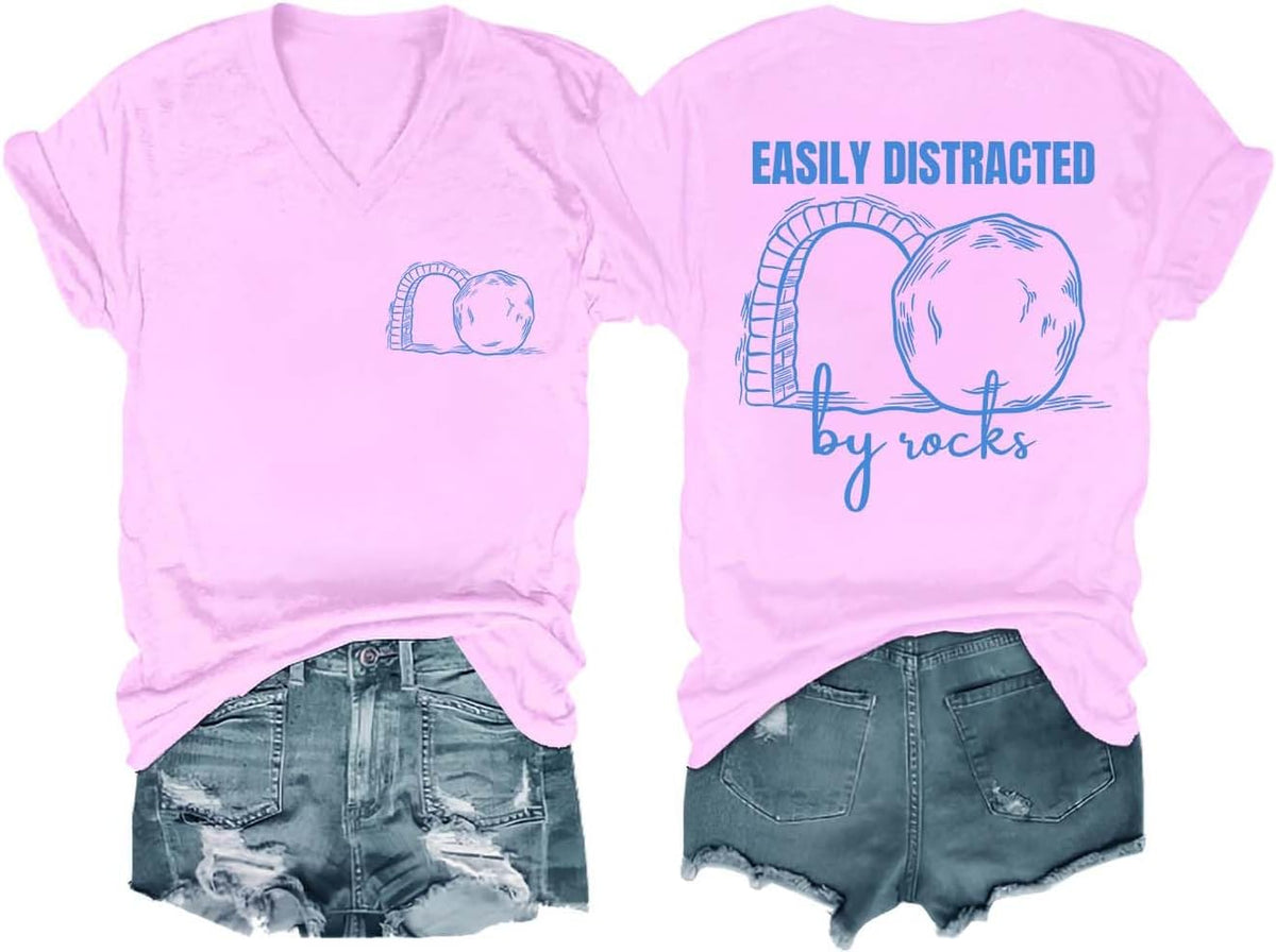 Easily Distracted by Rocks Shirt, Funny Geology Easily Distracted by Rocks T-Shirt V Neck Casual Tees Unisex - V-Neck Pink-1