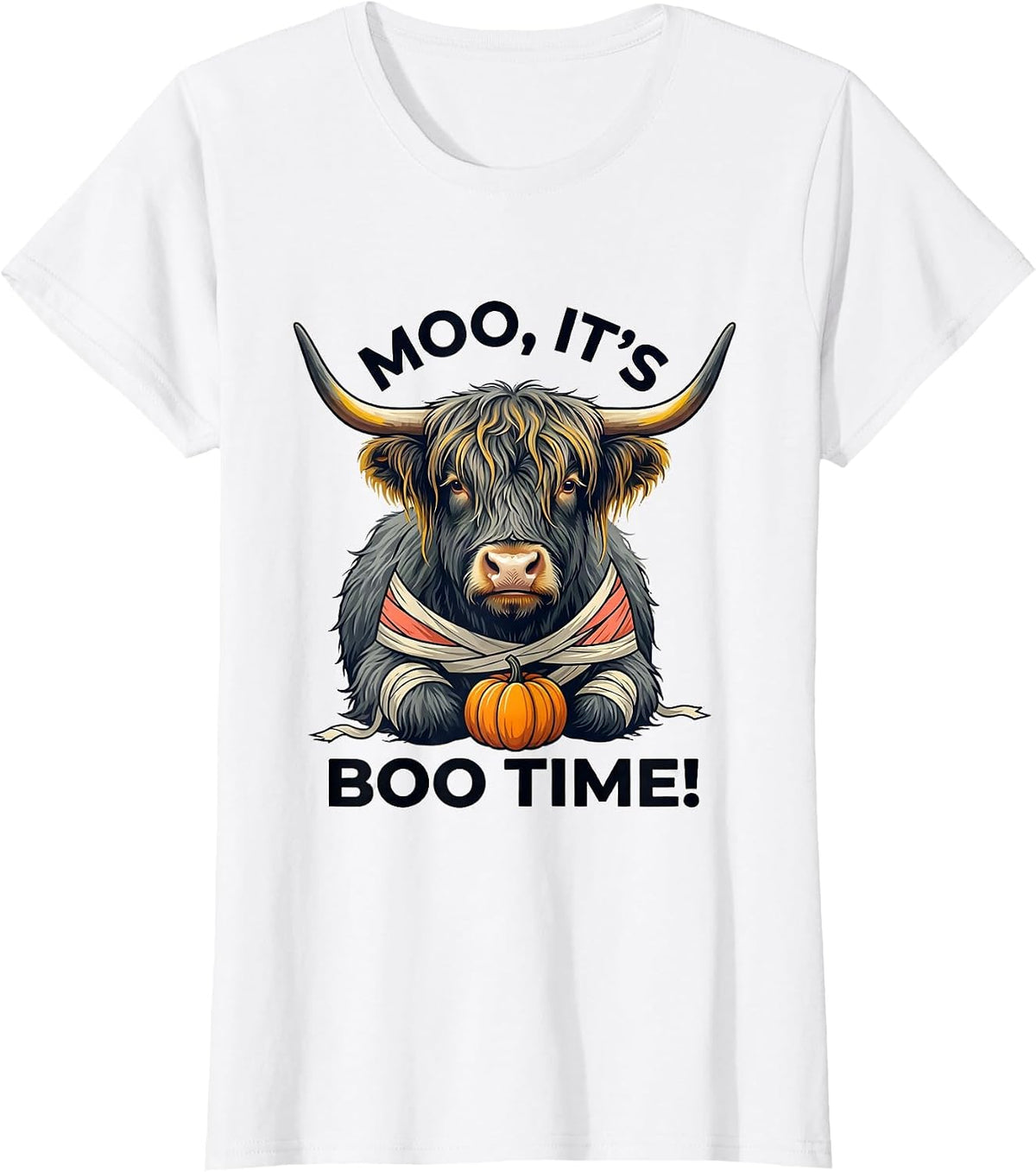 Women's Moo, It's Boo Time! Whimsical Highland Cow Halloween Fall T-Shirt - White