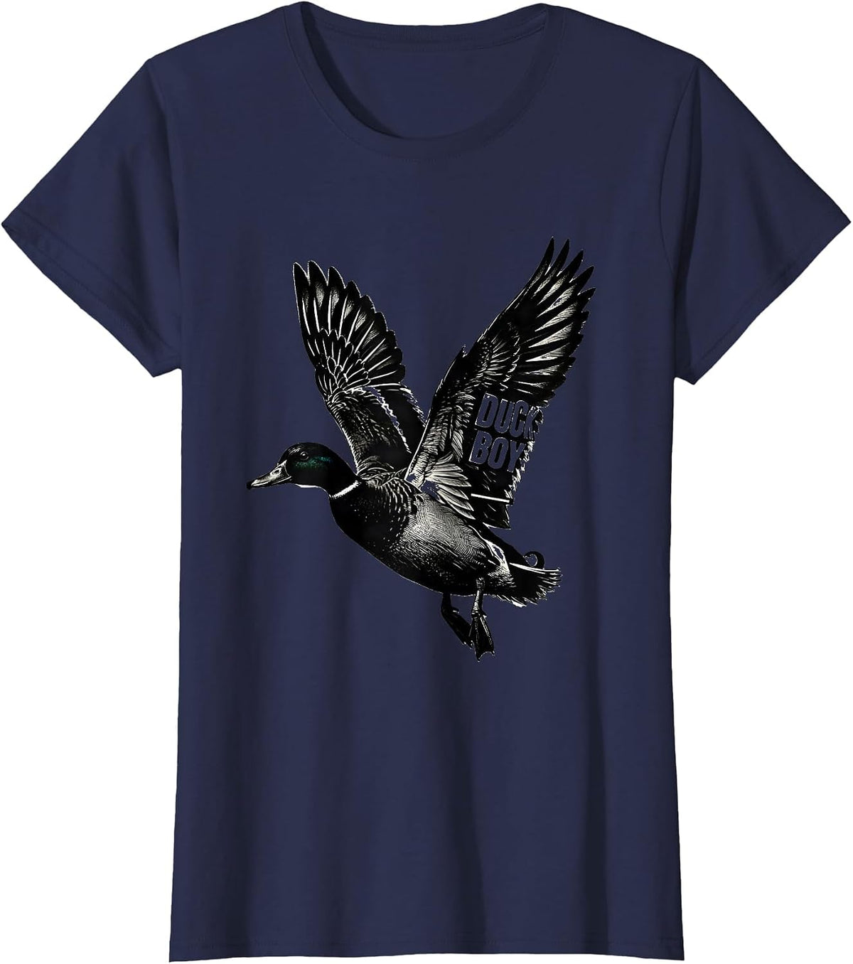 Women's Duck Boy Scratchboard Flying Mallard Youth Hunting Humor T-Shirt - Navy Blue