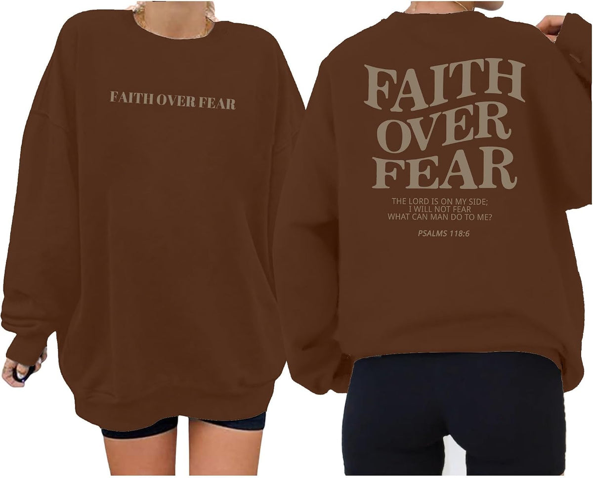 Oversized Christian Sweatshirt Women Faith Over Fear Sweater Top - Brown