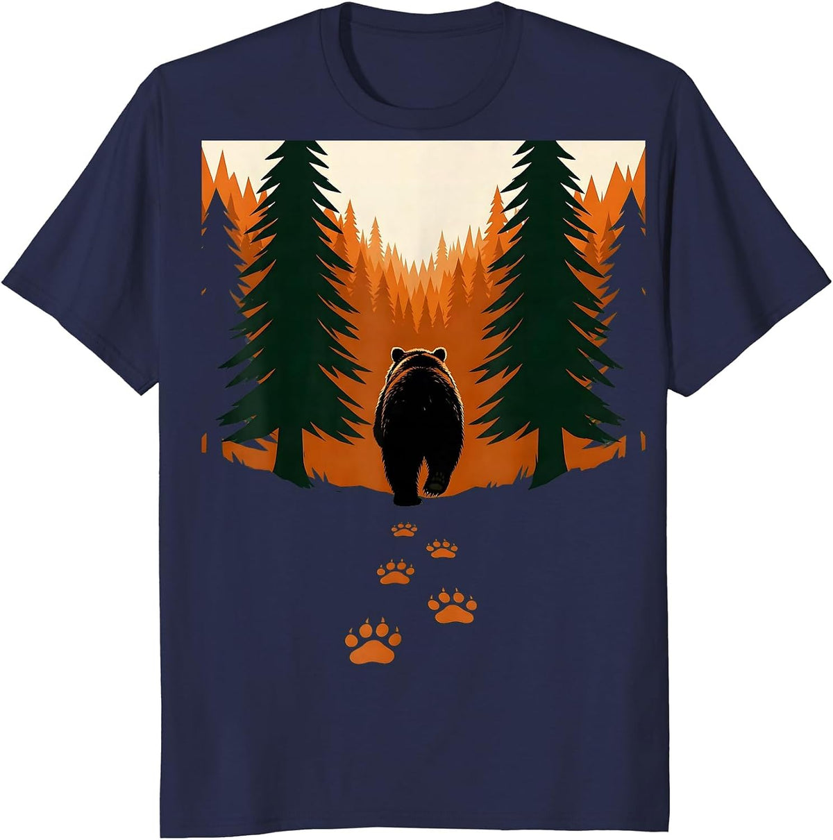 Bear Tracks Into Dark Woods Hunting Graphic T-Shirt - Navy Blue