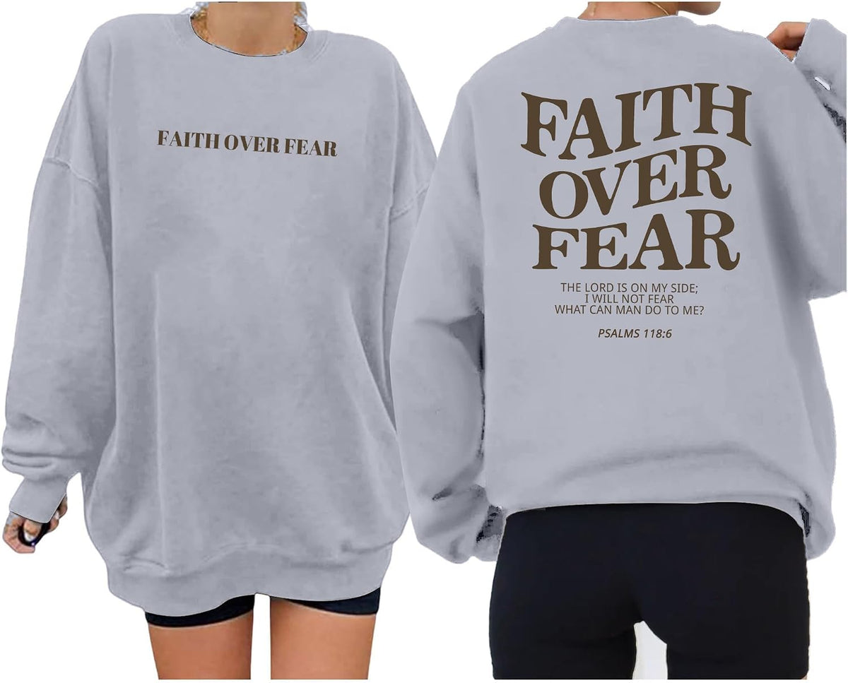 Oversized Christian Sweatshirt Women Faith Over Fear Sweater Top - Grey