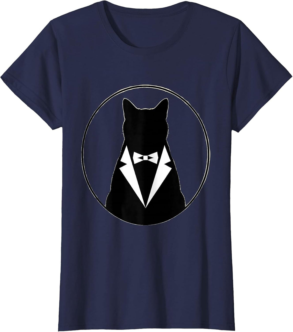 Women's Dapper Cat in Tuxedo Illustration T-Shirt - Navy Blue