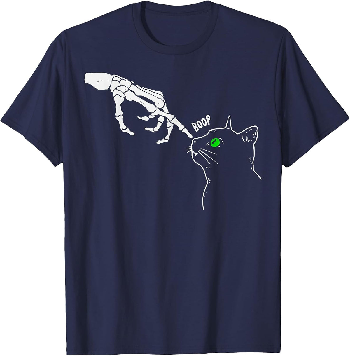 Skeleton Hand Boop On A Cat's Nose Funny Halloween Graphic T-Shirt - Navy Blue