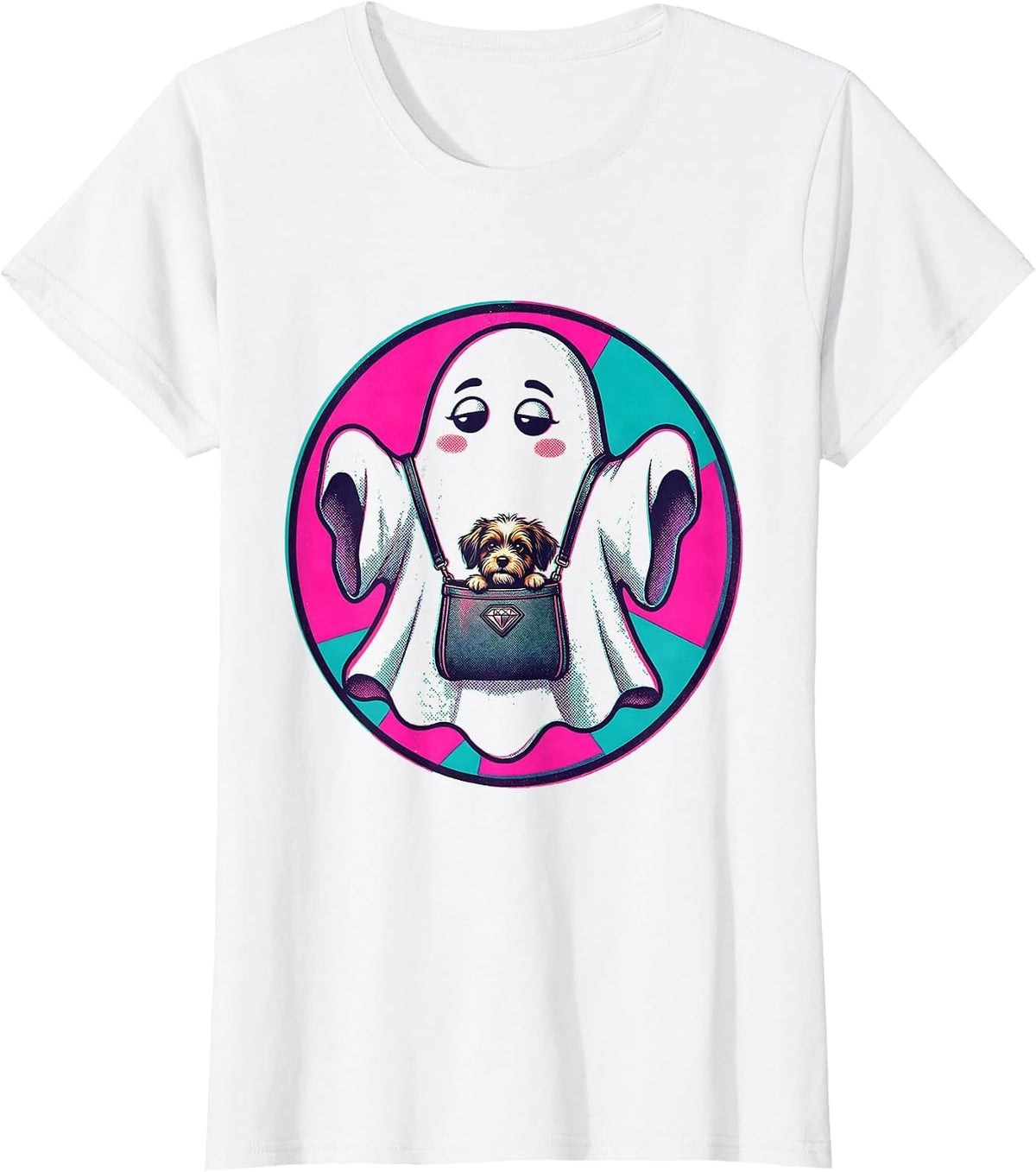 Women's Boo-Jee Ghost Floating With Designer Dog Carrier T-Shirt - White