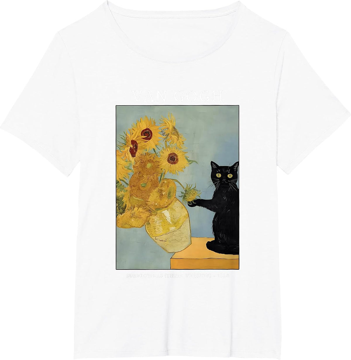 Funny Van Gogh Sunflowers Cat Meme Van Gogh Art Graphic T-Shirt - White