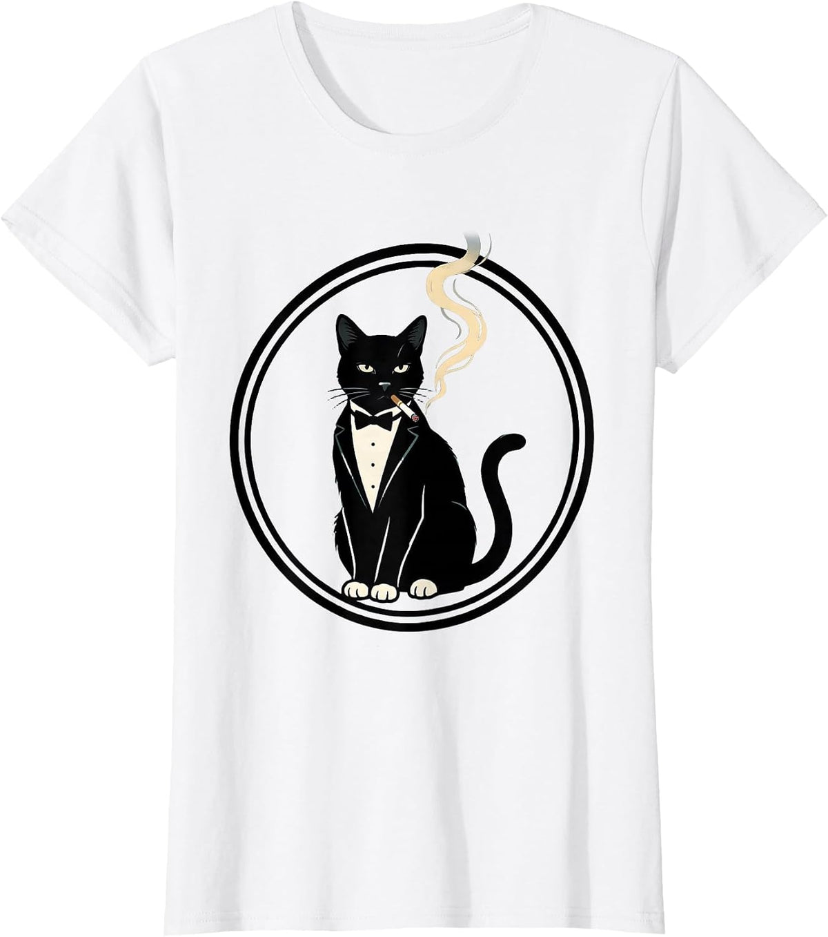 Tuxedo Cat Smoking a Ring of Smoke Art T-Shirt - White