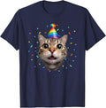 Funny Tabby Cat Face Rainbow Party Hat Cute Birthday Kitty T-Shirt - Navy Blue