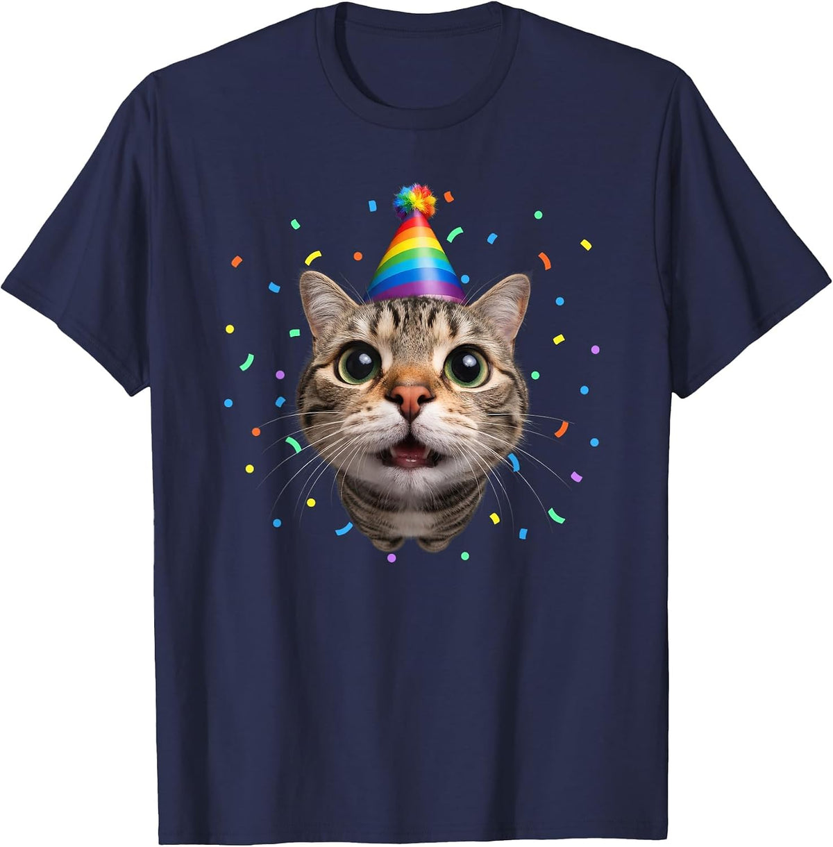 Funny Tabby Cat Face Rainbow Party Hat Cute Birthday Kitty T-Shirt - Navy Blue
