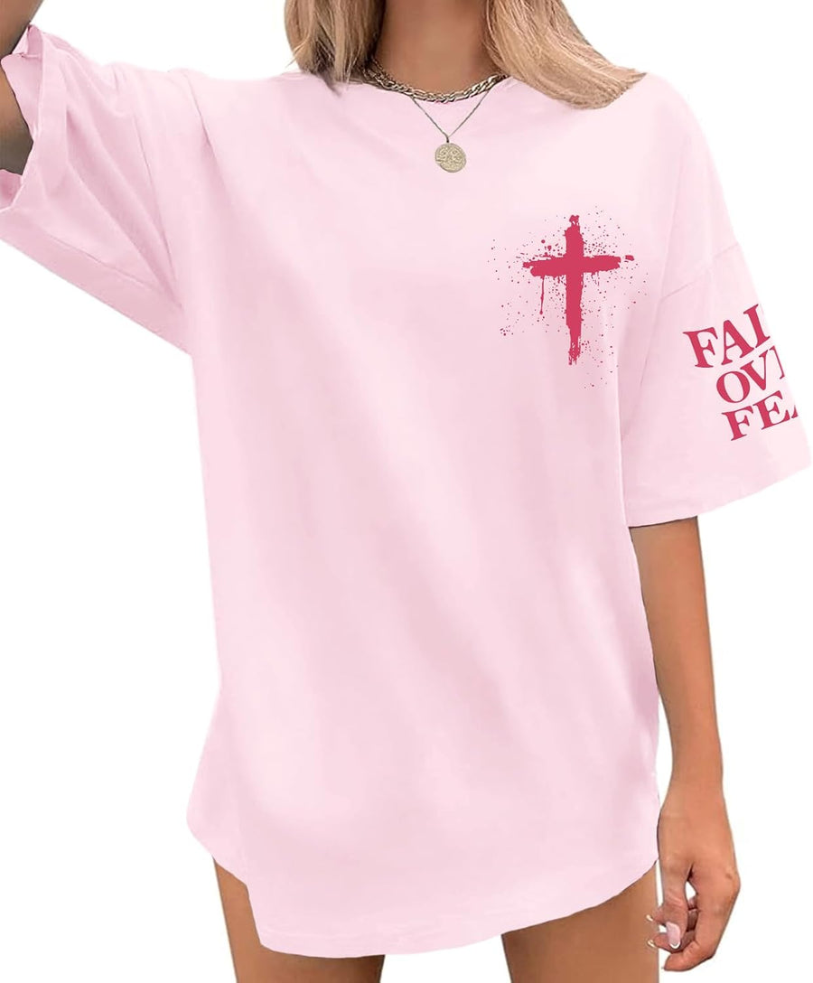 Faith Over Fear Shirt Women Christian Jesus God Cross Shirts Bible Verse Religious Tshirts Oversized Graphic Tees Top - Pink