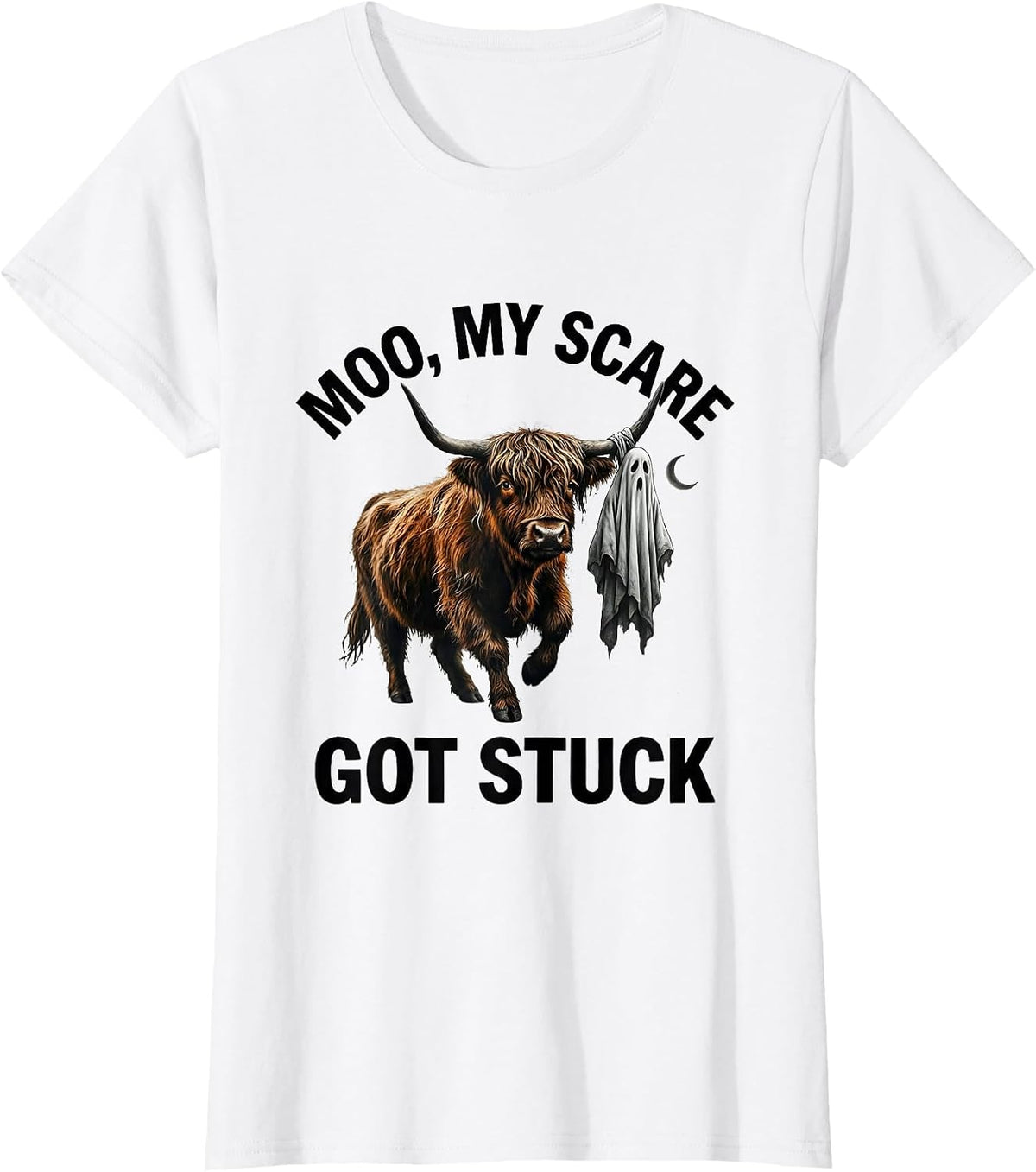 Women's Moo My Scare Got Stuck Funny Highland Cow Halloween Ghost T-Shirt - White