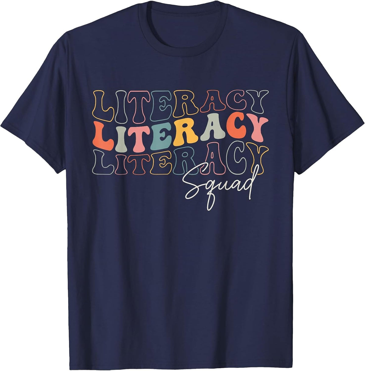 Literacy Squad Groovy Design for Literacy Teacher Students T-Shirt - Navy Blue