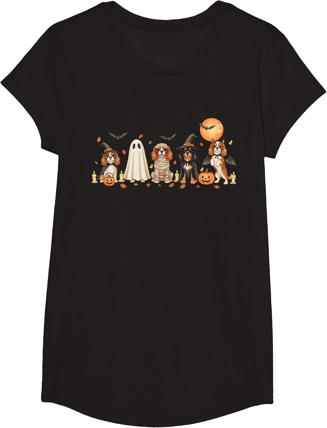 Cavalier King Charles Spaniel Dogs Ghost Witch Mummy Costume T-Shirt - Girls Black