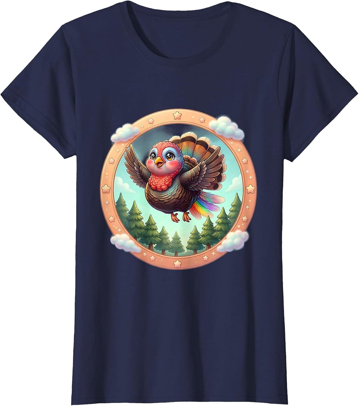 Women's Wild Turkey in Flight Over Pine Trees Graphic T-Shirt - Navy Blue