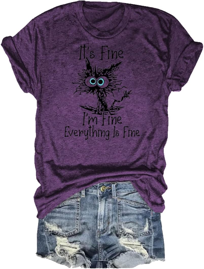 Women's Cat Graphic Tee I'm Fine Everything is Fine Short Sleeve top - 00 Purple