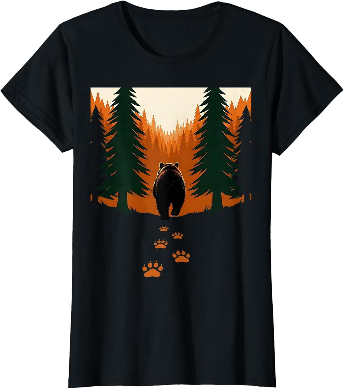 Bear Tracks Into Dark Woods Hunting Graphic T-Shirt - Black