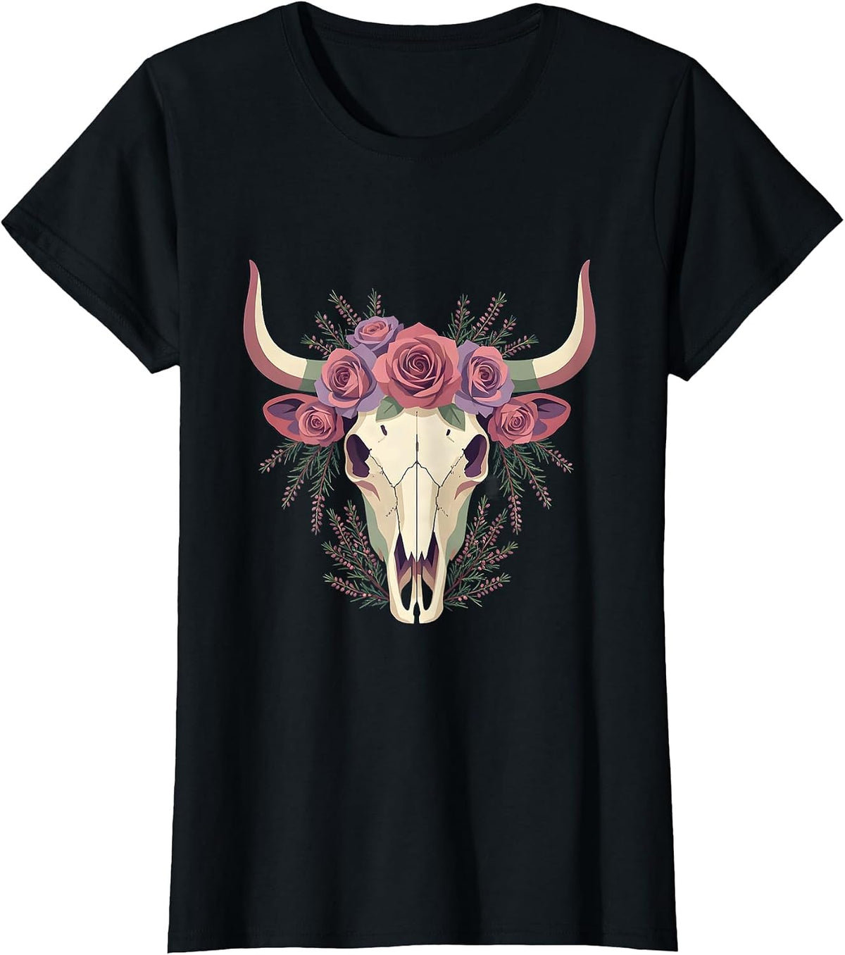 Highland Cow Skull Roses and Heather Graphic T-Shirt - Black