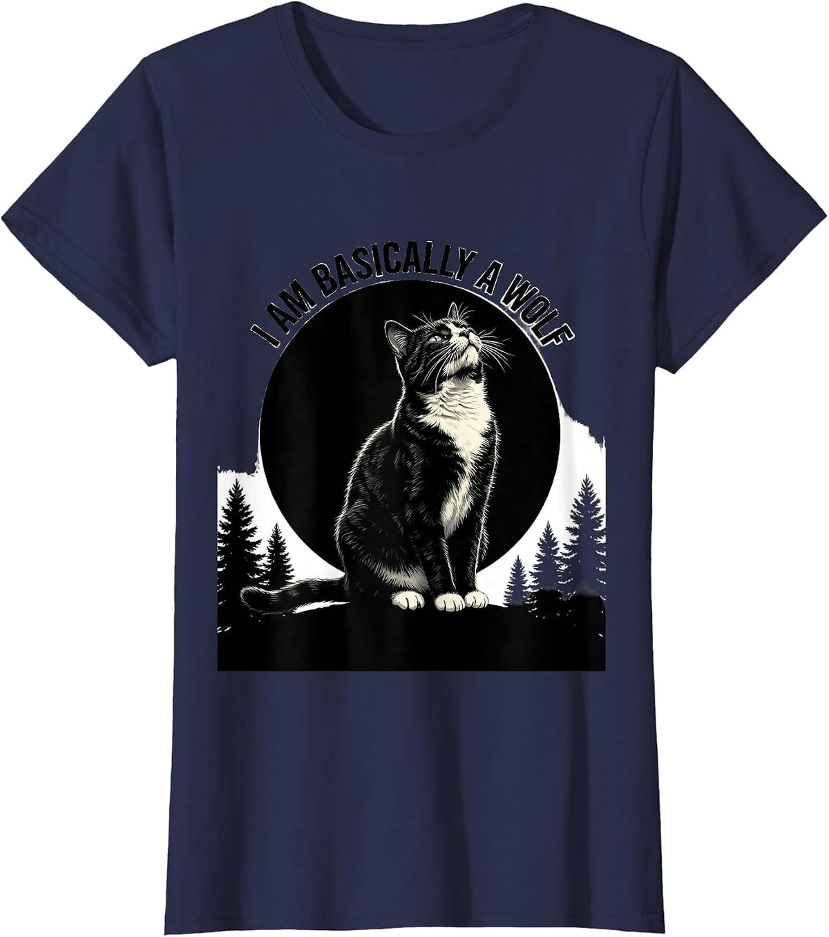 Women's I Am Basically a Wolf Tuxedo Cat Howling at Moon 90s Retro T-Shirt - Navy Blue