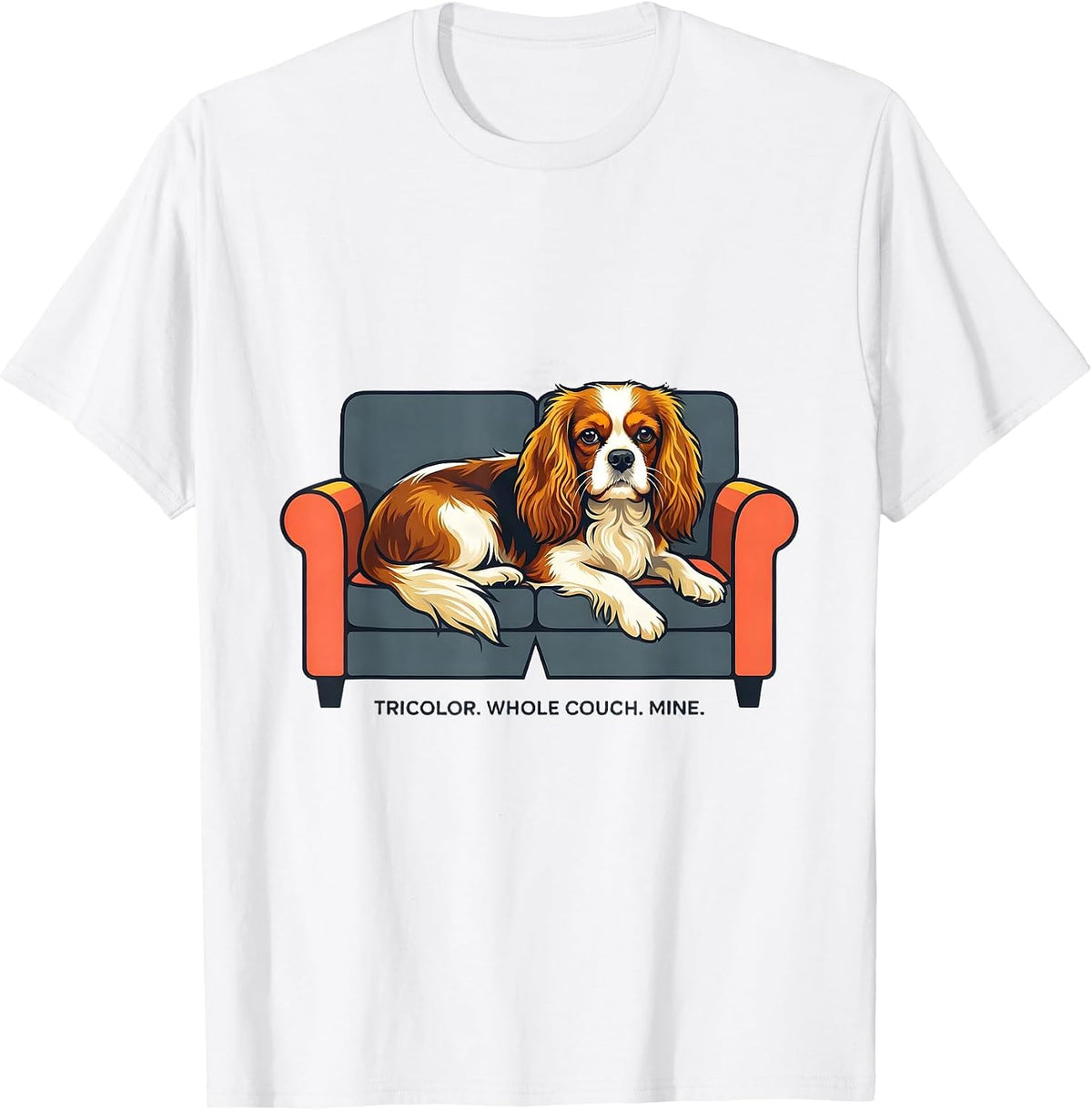 Men's Tricolor Whole Couch Mine Cavalier King Charles Spaniel Dog T-Shirt - White