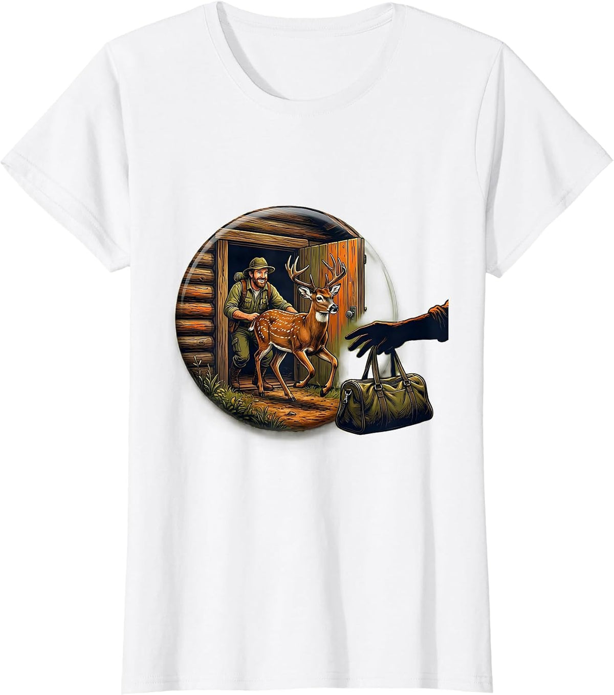 Women's Sealed Hunter Dad Whitetail Buck Cabin Illustration T-Shirt - White